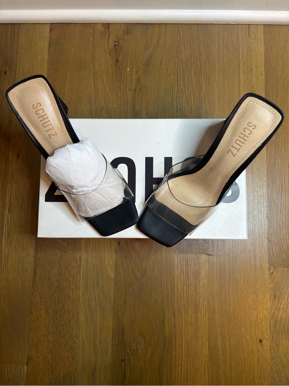 SCHUTZ Black and Clear Square Toe Slide Mules